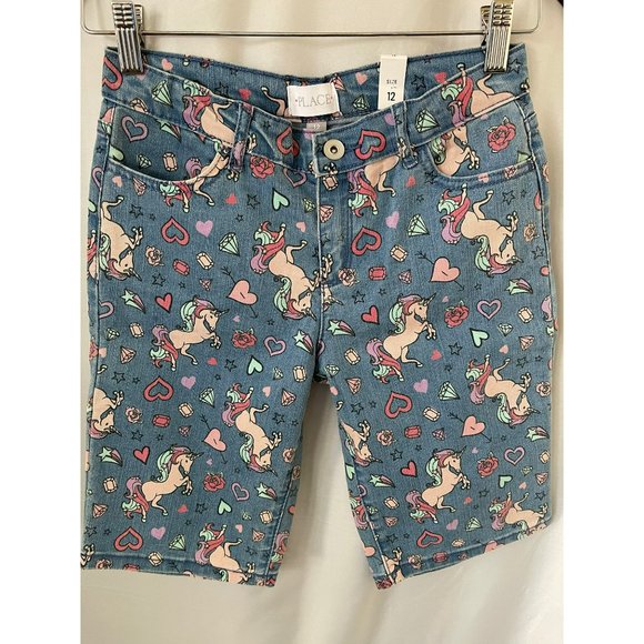 Place Girls Medium Wash Colorful Unicorn Graffiti Print Denim Jean Shorts - Picture 2 of 9